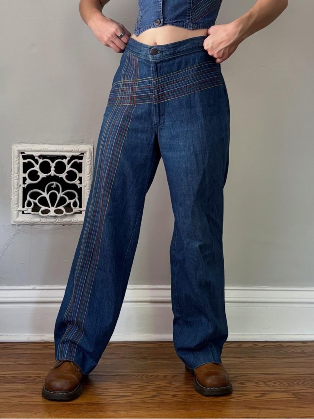 Vintage 70s Miss H.I.S. Retro rainbow embroidered denim vest + wide leg pant set - Picture 4 of 8